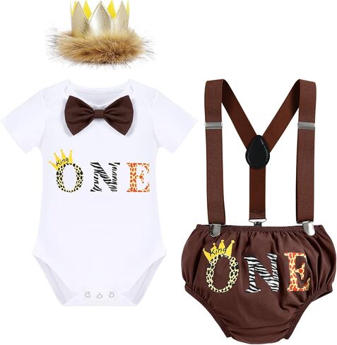 IBTOM CASTLE Baby Boys Lion Wild One Safari Jungle 1st Birthday Romper Outfits Photography Suspenders Crown Bloomers Clothes in Saudi Arabia