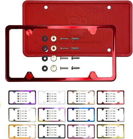 Silicone Back Guard Four Holes Slim License Plate Frame Candy Red Powder Coated Universal Fit Aluminum Screw On Cap Cover, T304 Stainless Steel, Rust Proof Weather Proof (Qty: 1 Frame) in Saudi Arabia