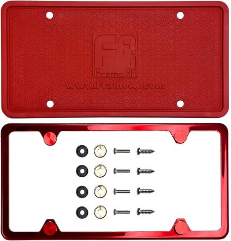 Silicone Back Guard Four Holes Slim License Plate Frame Candy Red Powder Coated Universal Fit Aluminum Screw On Cap Cover, T304 Stainless Steel, Rust Proof Weather Proof (Qty: 1 Frame) in Saudi Arabia