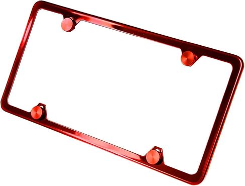 Silicone Back Guard Four Holes Slim License Plate Frame Candy Red Powder Coated Universal Fit Aluminum Screw On Cap Cover, T304 Stainless Steel, Rust Proof Weather Proof (Qty: 1 Frame) in Saudi Arabia