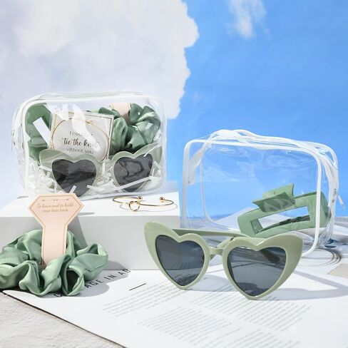 DEEKA 30 Pcs Bridesmaid Proposal Bag Set Gift Clear Makeup Toiletry Bag Bachelorette Party Favors Sunglasses Hair Claw Clips Scrunchies Knot Bracelets Bridal Wedding Party Gifts (Sage Green) in Kuwait
