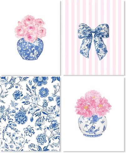 Lukipom Blue and White Chinoiserie Floral Wall Art Prints 8x10 مجموعة من 4 ، ديكور الألفية الكبرى ، Coquette Bow Chinoiserie Pink Floral Art Posters for Home Bedroom Decor in Kuwait