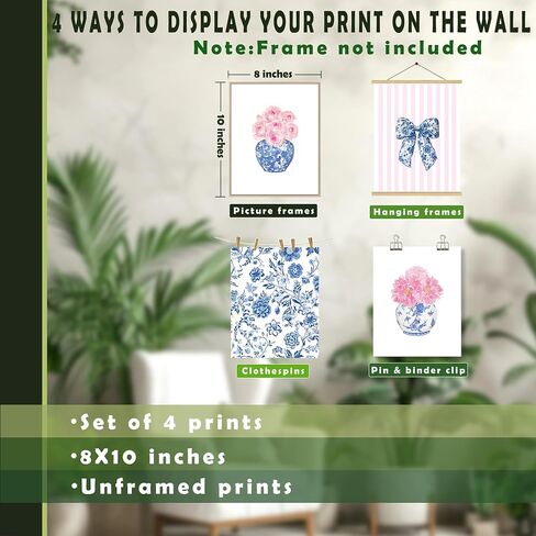 Lukipom Blue and White Chinoiserie Floral Wall Art Prints 8x10 مجموعة من 4 ، ديكور الألفية الكبرى ، Coquette Bow Chinoiserie Pink Floral Art Posters for Home Bedroom Decor in Kuwait