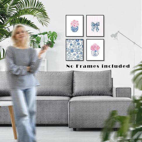 Lukipom Blue and White Chinoiserie Floral Wall Art Prints 8x10 مجموعة من 4 ، ديكور الألفية الكبرى ، Coquette Bow Chinoiserie Pink Floral Art Posters for Home Bedroom Decor in Kuwait