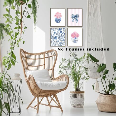 Lukipom Blue and White Chinoiserie Floral Wall Art Prints 8x10 مجموعة من 4 ، ديكور الألفية الكبرى ، Coquette Bow Chinoiserie Pink Floral Art Posters for Home Bedroom Decor in Kuwait