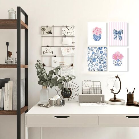 Lukipom Blue and White Chinoiserie Floral Wall Art Prints 8x10 مجموعة من 4 ، ديكور الألفية الكبرى ، Coquette Bow Chinoiserie Pink Floral Art Posters for Home Bedroom Decor in Kuwait