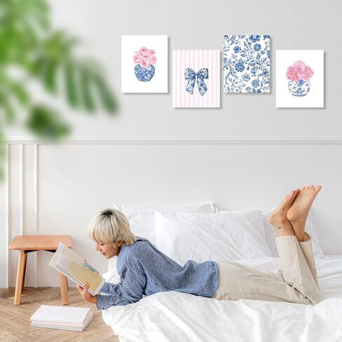 Lukipom Blue and White Chinoiserie Floral Wall Art Prints 8x10 مجموعة من 4 ، ديكور الألفية الكبرى ، Coquette Bow Chinoiserie Pink Floral Art Posters for Home Bedroom Decor in Kuwait