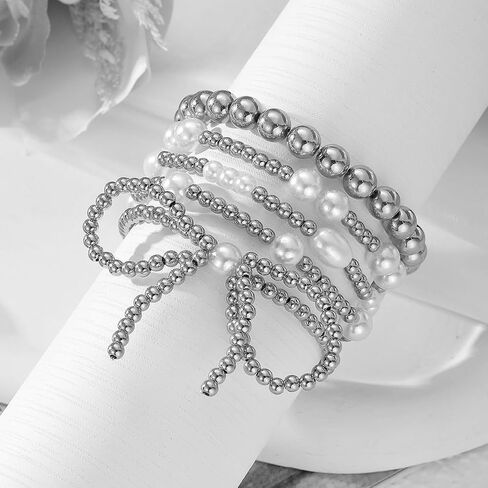 Gold Bow Beaded Bracelet Set for Women Stackable Bow Pearl Bracelets Fashion Stretch Bracelet Adjustable Charm Bracelets Stackable Beaded Chain Christmas Gift Set for Her in Saudi Arabia