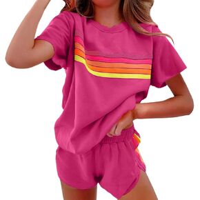 Lounge Sets for Women Dressy Summer Outfits Rainbow Striped Short Sleeve T Shirts Athletic Shorts 2 Piece Sweatsuits in Saudi Arabia