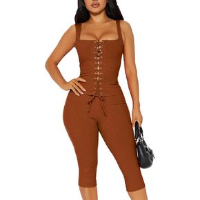 Two Piece Sets for Women Summer Workout Set Sleeveless Sexy Tie Down Tank Top Bodycon Capri Pants Sets Club Outfits in Saudi Arabia