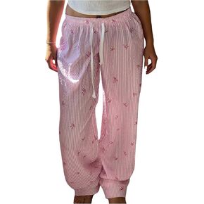WDIRARA Women's Plus Size Striped Bow Print Pants Drawstring Waist Wide Leg Pants in Kuwait