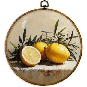 XPH Coastal Beach Oyster Lemon Round Wall Art Framed, Abstract Modern Coastal Circle Wall Decor, Champagne Oyster Shell Hanging Canvas Prints for Kitchen Dining Room Decoration, 10x10 Inch in Saudi Arabia