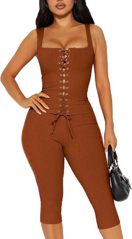 Two Piece Sets for Women Summer Workout Set Sleeveless Sexy Tie Down Tank Top Bodycon Capri Pants Sets Club Outfits in Kuwait
