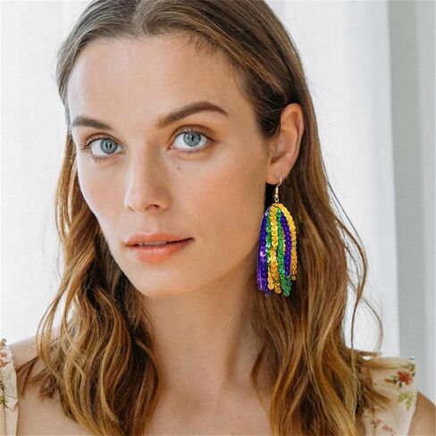 Mardi Gras Theme Earrings for Women Colorful Carnival Tassel Earrings Glitter Mask Feather Dangle Earrings Celebrations Party Jewelry Gifts (Sequin Mask) in Kuwait