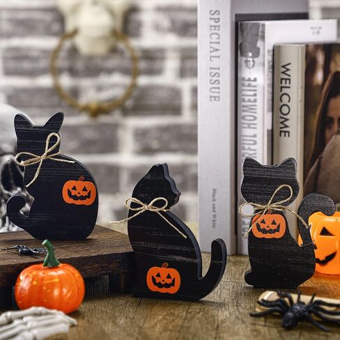 Redbaker 3 Pcs Halloween Decorations Indoor Vintage Black Cat Table Decor Retro Black Cat Wooden Block Sign Rustic Farmhouse Halloween Tiered Tray Decor for Tabletop Home Mantel Shelf Party Supplies in Kuwait