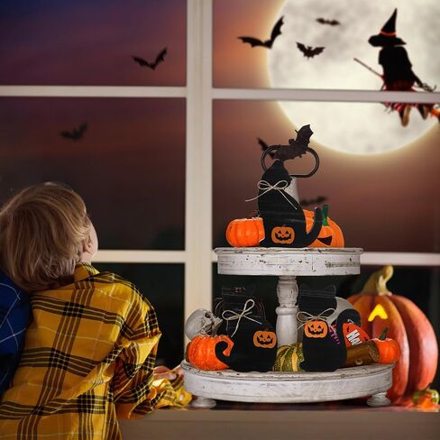 Redbaker 3 Pcs Halloween Decorations Indoor Vintage Black Cat Table Decor Retro Black Cat Wooden Block Sign Rustic Farmhouse Halloween Tiered Tray Decor for Tabletop Home Mantel Shelf Party Supplies in Kuwait