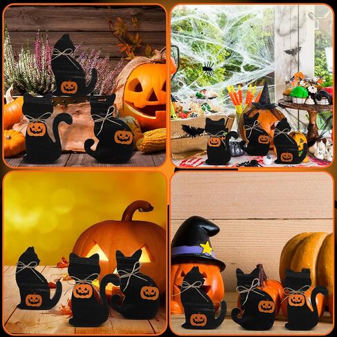 Redbaker 3 Pcs Halloween Decorations Indoor Vintage Black Cat Table Decor Retro Black Cat Wooden Block Sign Rustic Farmhouse Halloween Tiered Tray Decor for Tabletop Home Mantel Shelf Party Supplies in Kuwait