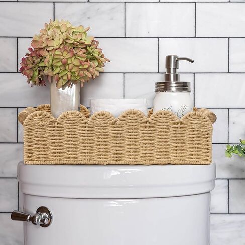 Cubeesland Paper Rope Small Starch Bin Idea للتخزين والتنظيم المنزلي ، وسلة ورق تواليت أنيقة وصنع يدويًا مع مقبض خشبي لأرفف أعلى خزان المرحاض ، سلة بنية حافة الأسقلوب in Kuwait