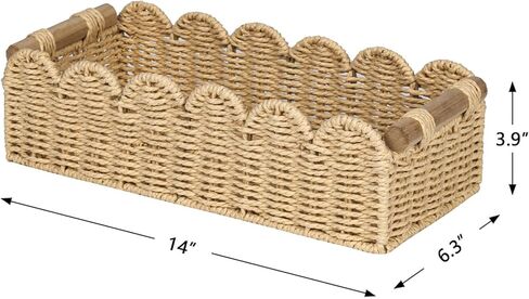 Cubeesland Paper Rope Small Starch Bin Idea للتخزين والتنظيم المنزلي ، وسلة ورق تواليت أنيقة وصنع يدويًا مع مقبض خشبي لأرفف أعلى خزان المرحاض ، سلة بنية حافة الأسقلوب in Kuwait