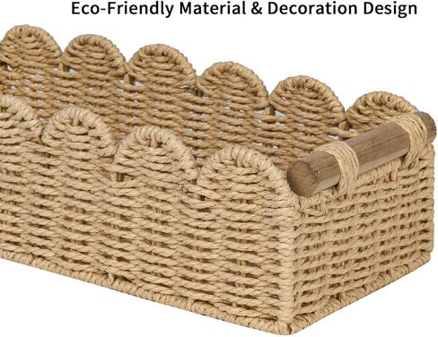 Cubeesland Paper Rope Small Starch Bin Idea للتخزين والتنظيم المنزلي ، وسلة ورق تواليت أنيقة وصنع يدويًا مع مقبض خشبي لأرفف أعلى خزان المرحاض ، سلة بنية حافة الأسقلوب in Kuwait