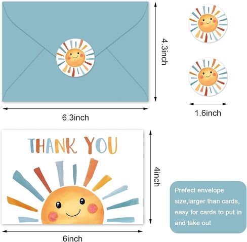 Whaline 24 Pack Sunshine Thank You Cards Yellow Cartoon Sun Note Cards with Envelopes Stickers Cute Greeting Blank Cards for Birthday Baby Shower in Saudi Arabia