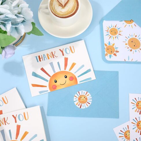 Whaline 24 Pack Sunshine Thank You Cards Yellow Cartoon Sun Note Cards with Envelopes Stickers Cute Greeting Blank Cards for Birthday Baby Shower in Saudi Arabia