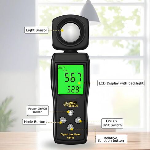 Handheld Digital Light Meter,4 Digit Color Screen Illuminance Meter with Ambient Temperature Measurer,Range up to 200,000 Lux Luxmeter,for Photography Plants Lighting Intensity Brightness Measurement in Kuwait