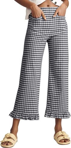 Women's Plaid Flare Pants Summer Casual Gingham Elastic Waist Ruffle Cropped Hem Y2K Loose Fit Trousers with Pockets in Saudi Arabia