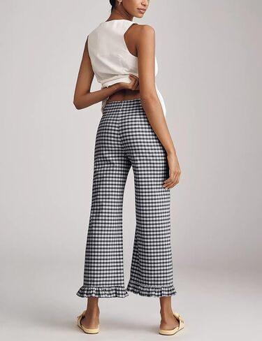 Women's Plaid Flare Pants Summer Casual Gingham Elastic Waist Ruffle Cropped Hem Y2K Loose Fit Trousers with Pockets in Saudi Arabia