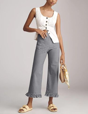 Women's Plaid Flare Pants Summer Casual Gingham Elastic Waist Ruffle Cropped Hem Y2K Loose Fit Trousers with Pockets in Saudi Arabia