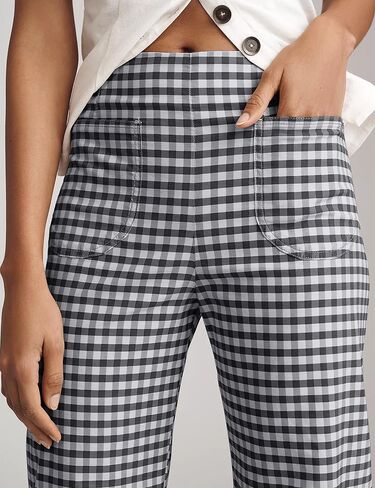 Women's Plaid Flare Pants Summer Casual Gingham Elastic Waist Ruffle Cropped Hem Y2K Loose Fit Trousers with Pockets in Saudi Arabia