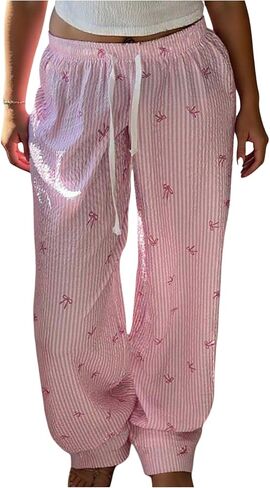 WDIRARA Women's Plus Size Striped Bow Print Pants Drawstring Waist Wide Leg Pants in Kuwait