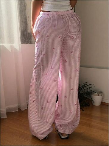 WDIRARA Women's Plus Size Striped Bow Print Pants Drawstring Waist Wide Leg Pants in Kuwait