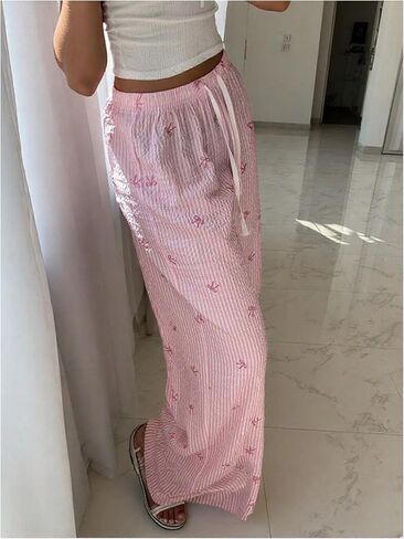 WDIRARA Women's Plus Size Striped Bow Print Pants Drawstring Waist Wide Leg Pants in Kuwait