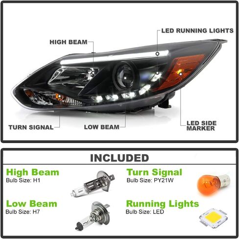 Acanii - لعام 2012 2013 2014 Ford Focus LED Strip Black Projector Projector المصابيح الأمامية زوجة المصابيح الأمامية يمينًا+يمين in Saudi Arabia