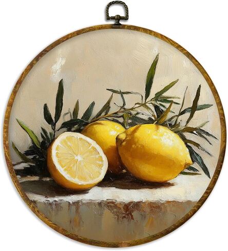 XPH Coastal Beach Oyster Lemon Round Wall Art Framed ، Abstract Modern Coastal Circle Wall Decor in Kuwait