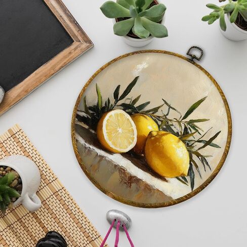 XPH Coastal Beach Oyster Lemon Round Wall Art Framed ، Abstract Modern Coastal Circle Wall Decor in Kuwait