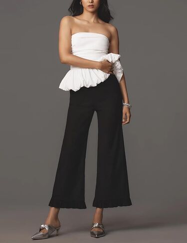 Women's Plaid Flare Pants Summer Casual Gingham Elastic Waist Ruffle Cropped Hem Y2K Loose Fit Trousers with Pockets in Saudi Arabia