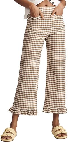 Women's Plaid Flare Pants Summer Casual Gingham Elastic Waist Ruffle Cropped Hem Y2K Loose Fit Trousers with Pockets in Saudi Arabia