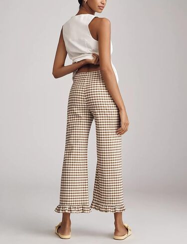 Women's Plaid Flare Pants Summer Casual Gingham Elastic Waist Ruffle Cropped Hem Y2K Loose Fit Trousers with Pockets in Saudi Arabia
