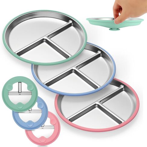 Stainless Steel Kids Plates, 2 Pcs Baby Suction Plates, 9" Toddler Stainless Steel Plates, Non Toxic & BPA Free Non Slip, Dishwasher & Microwave Safe(Blue/Pink) in Saudi Arabia