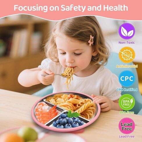 Stainless Steel Kids Plates, 2 Pcs Baby Suction Plates, 9" Toddler Stainless Steel Plates, Non Toxic & BPA Free Non Slip, Dishwasher & Microwave Safe(Blue/Pink) in Saudi Arabia