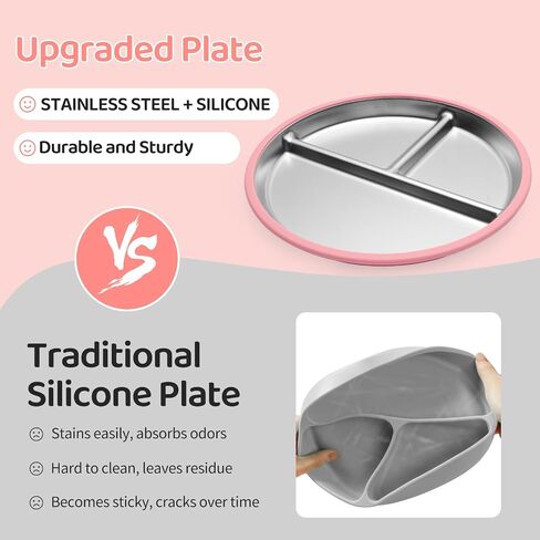 Stainless Steel Kids Plates, 2 Pcs Baby Suction Plates, 9" Toddler Stainless Steel Plates, Non Toxic & BPA Free Non Slip, Dishwasher & Microwave Safe(Blue/Pink) in Saudi Arabia