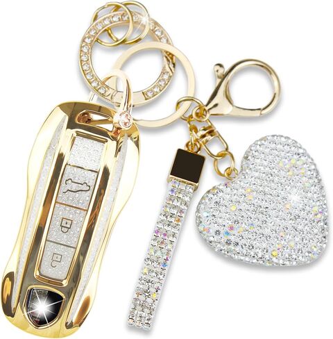 Compatible with Porsche Key Fob Cover with Heart Keychain, Car Key Shell for Women, Compatible with Porsche Cayenne Panamera 2018-2024, Carrera Taycan 2020-2024 Protector (3 Buttons-Gold) in Kuwait