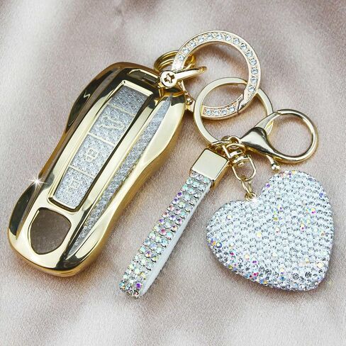 Compatible with Porsche Key Fob Cover with Heart Keychain, Car Key Shell for Women, Compatible with Porsche Cayenne Panamera 2018-2024, Carrera Taycan 2020-2024 Protector (3 Buttons-Gold) in Kuwait
