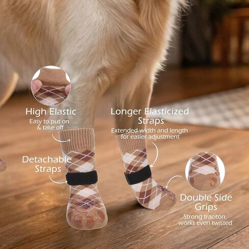 EXPAWLORER Dog Socks to Prevent Licking Paws,Anti Slip Dog Shoes for Hot Pavement,Dog Booties for Hardwood Floors,Dogs Boots & Paw Protectors for Small Medium Large Senior Dogs,British Style,Khaki M in Saudi Arabia