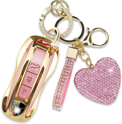 Compatible with Porsche Key Fob Cover with Heart Keychain, Car Key Shell for Women, Compatible with Porsche Cayenne Panamera 2018-2024, Carrera Taycan 2020-2024 Protector (3 Buttons-Gold) in Kuwait