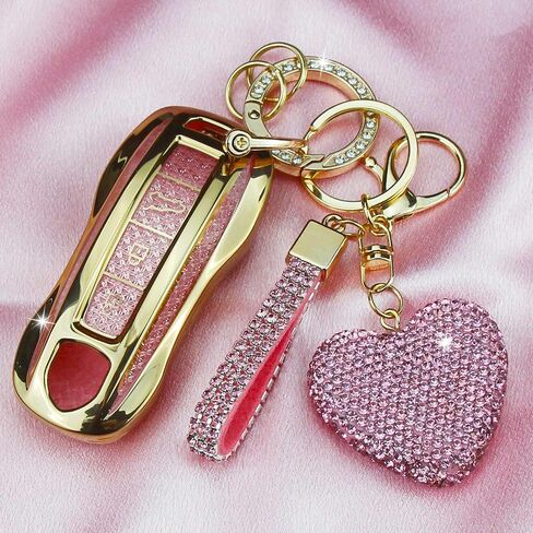 Compatible with Porsche Key Fob Cover with Heart Keychain, Car Key Shell for Women, Compatible with Porsche Cayenne Panamera 2018-2024, Carrera Taycan 2020-2024 Protector (3 Buttons-Gold) in Kuwait