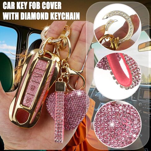 Compatible with Porsche Key Fob Cover with Heart Keychain, Car Key Shell for Women, Compatible with Porsche Cayenne Panamera 2018-2024, Carrera Taycan 2020-2024 Protector (3 Buttons-Gold) in Kuwait