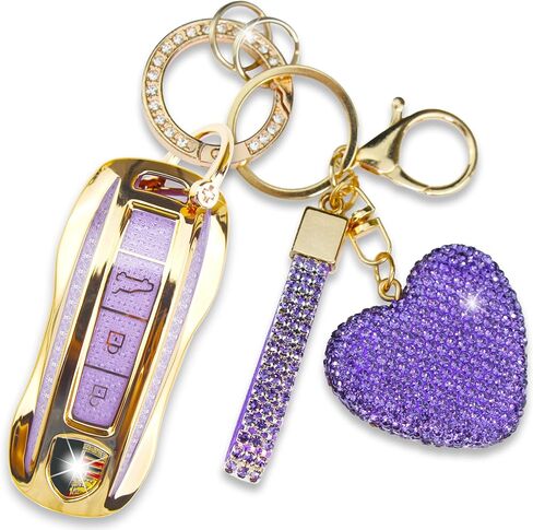 Compatible with Porsche Key Fob Cover with Heart Keychain, Car Key Shell for Women, Compatible with Porsche Cayenne Panamera 2018-2024, Carrera Taycan 2020-2024 Protector (3 Buttons-Gold) in Kuwait